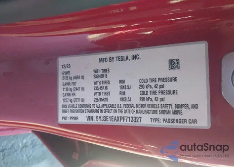 2023 Tesla Model 3 Rear-Wheel Drive z USA, uszkodzony, nr VIN 5YJ3E1EAXPF713327